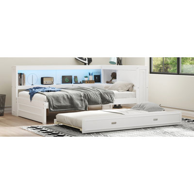 Wood Daybed With Led, Storage, Trundle, And - White Modern Appeal Full Size Charging, Trundle Construction
