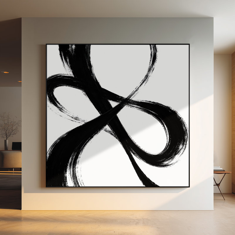 Impression sur tissu grand format - Art mural abstrait noir et blanc aux lignes fluides, idéal pour le salon ou la chambre - « Assemblage du cadre requis (cadre non fini) »
