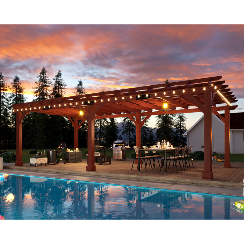 12' X 16' Cedar Pergola With Trellis Roof, Weather-resistant Supports & Anchoring Stakes, Reddish Brown, 12' x 16'