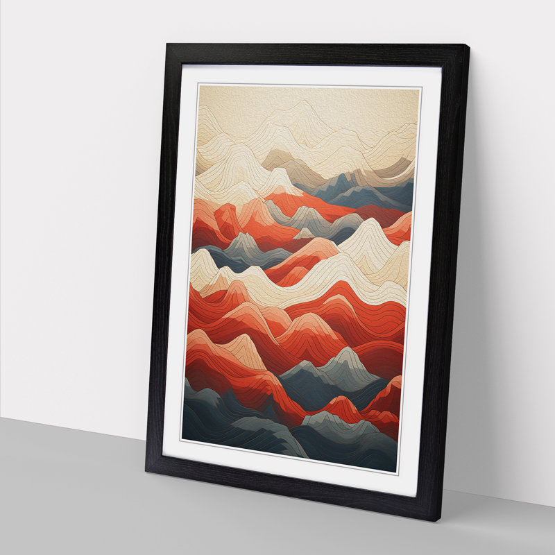 Japanese Mountains Geometric - Single Picture Frame Print on Wood, Black Framed, 46cm H x 34cm W x 2cm D
