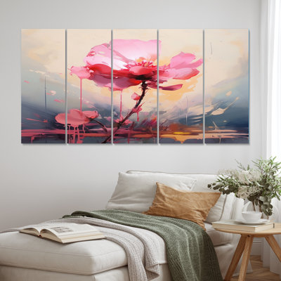 Coral Elegance Single Pink Rose Blossoming - Flowers Canvas Art Print - 5 Equal Panels