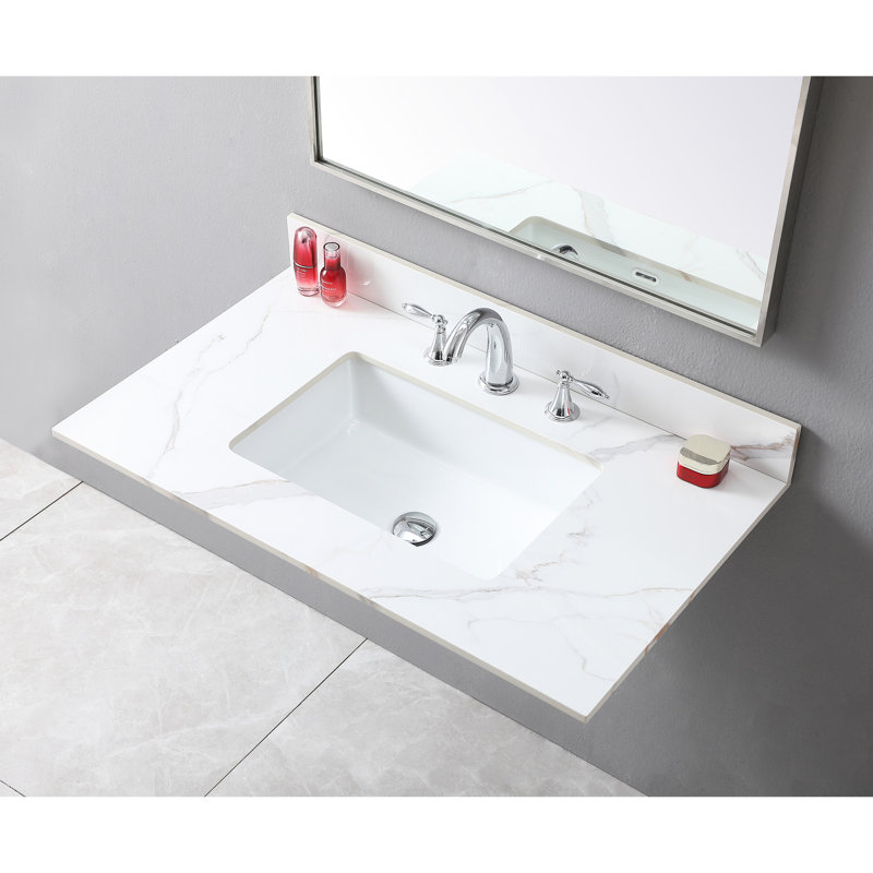 Comptoir de meuble-lavabo 37 po, pierre frittée dorée, lavabo rectangulaire en céramique, 3 trous de robinet, dosseret en pierre 37 po, lavabo rectangulaire, trous +