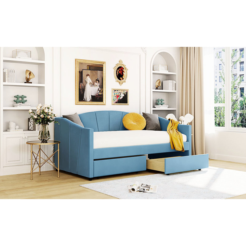 Upholstered Blue Daybed With Two Drawers And Tenacious Wood Slat - Twin Stylish Appearance, Blue