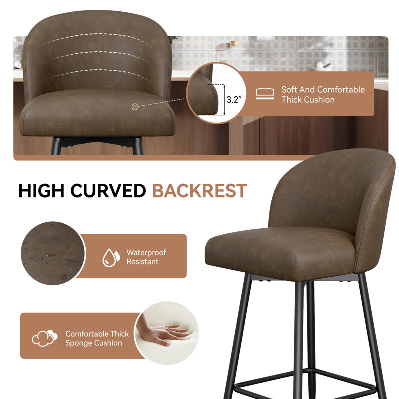 Counter Height Barstool Set Of 2, 360° Swivel Upholstered Barstool With Backrest And Metal Feet, 27” Seat Height, Brown