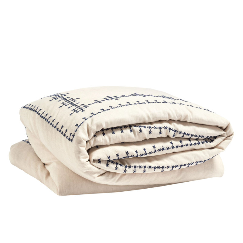 Cross-Stitch Linen Navy Duvet Cover, Full/Queen Duvet Cover