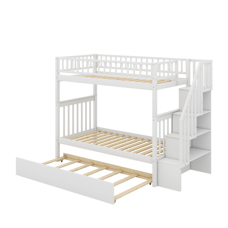 Lit superposé simple au-dessus de simple en bois massif avec rangement gigogne et structure d'escalier, Blanc