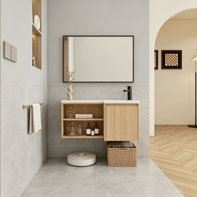 36" Corner Floating Bathroom Vanity with Resin Gel Coat Integrated Sink, L-Shaped Wall-Mounted Vanity, Light Oak Finish, Soft-Close Door & Open Shelves, Space-Saving Modern Vanity (Ships in 2 Boxes)
