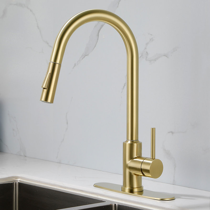 Single Hole Single Handle Pull-Down Kitchen Faucet, Gold
