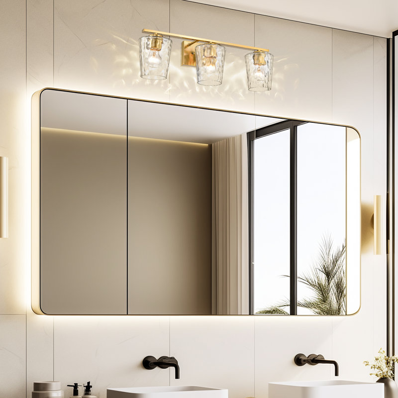 3-Light 23 in. Gold Vanity Light with Hammered Clear Glass Shades, Gold, 3 Lights