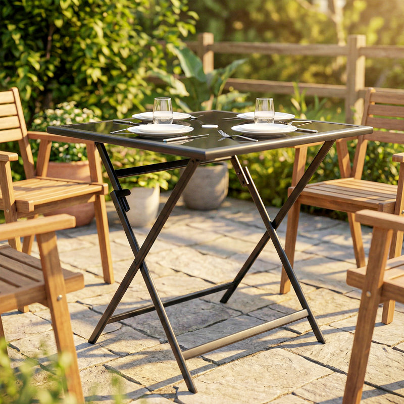 Square Metal Folding Outdoor Dining Table With Umbrella Hole , 70cm cm W 70cm cm D