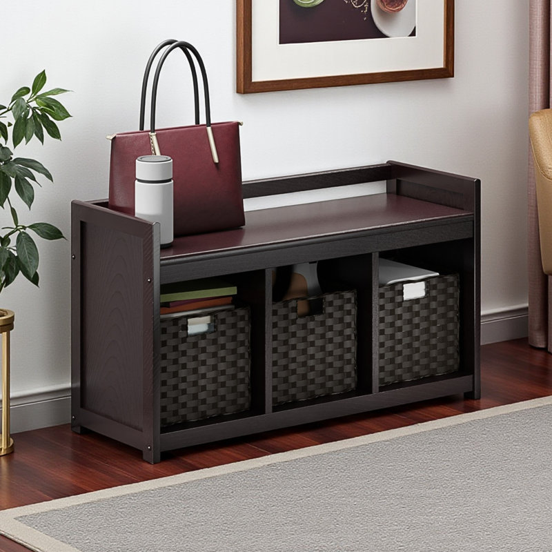 Banc de rangement Shirely 4 pièces avec 3 paniers tissés pliables en brun, H 20,65 po x l 37,14 po x P 13,3 po
