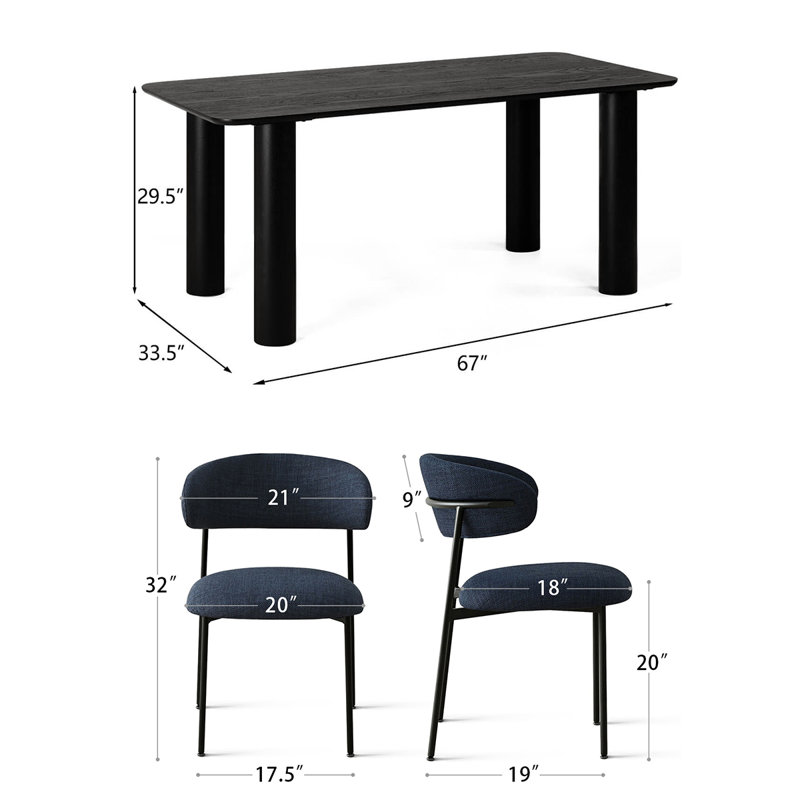 Modern 7-Piece Dining Set With Rectangular Wood Table And Upholstered Curved Back Chairs, Blue