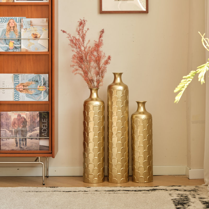 Cory-Lee Handcrafted Metal Floor Vase with Golden Scales, Large Flower Vase(Set Of 3)