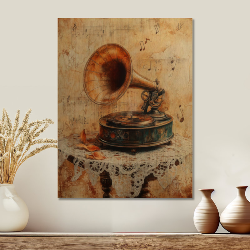 1930 «Gramophone Melody II», art mural rétro en bois, H 32 po x l 24 po, Rectangulaire