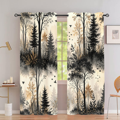 2Pcs Artistic Woodland Wildlife Forest Scene Print Grommet Blackout Curtains, Natural Forest Animal Scenery Pattern, Thermal Insulated, Noise Reducing & Privacy Protection, Decorative Stylish Indoor Home Decor for Bedroom, Living Room, Kitchen