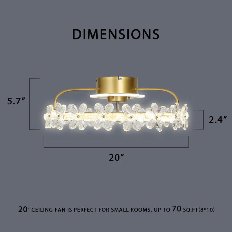 Golden Crystal Flowers 20" Ceiling Fan with LED Kit: 3 Tones Colour, 6 Speeds Fan