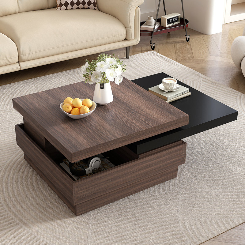 Table basse rotative, table basse carrée moderne avec grain de bois, 1 espace de rangement caché pour le salon