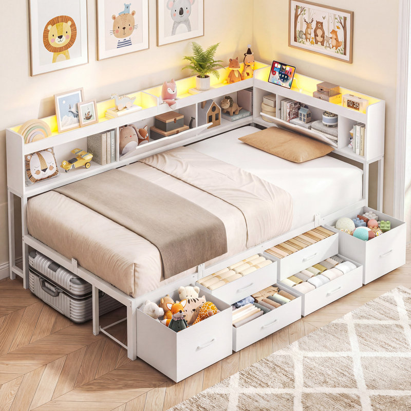 Corner Daybed Frame with 6 Drawers and Storage Bookcase Daybed with Charging Station and LED Lights, White, Twin