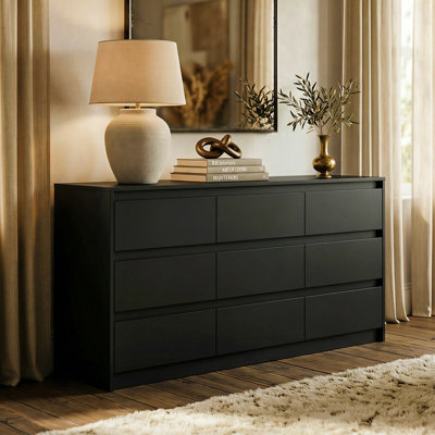 Commode à 9 tiroirs de 160 cm de large avec tiroirs de différentes tailles et glissières métalliques, grand meuble de rangement pour chambre à coucher