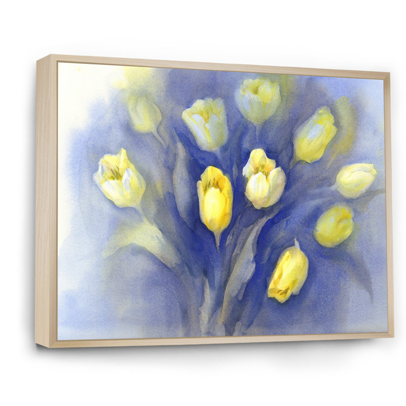 Tulipes sur bleu II - reproduction sur toile, H 30 po x l 40 po x P 1,5 po, Cadre naturel flottant