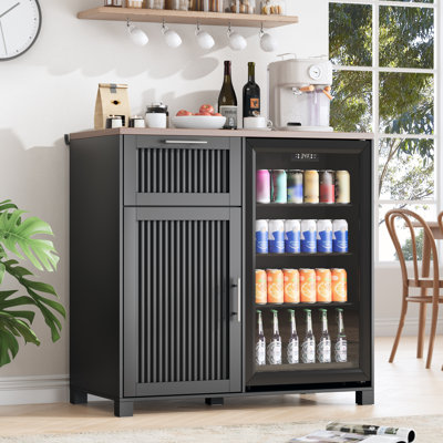 38.6" Fluted Mini Fridge Cabinet with Charging Station and Storage Drawer