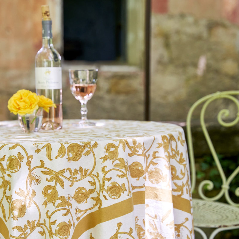 Bryah Tablecloth - Round, 90" Round, Mustard/White