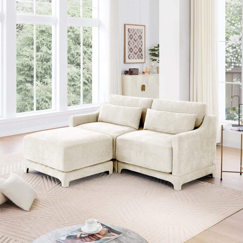 Canapé 2 places en tissu chenille avec un repose-pieds et 2 coussins lombaires, Beige