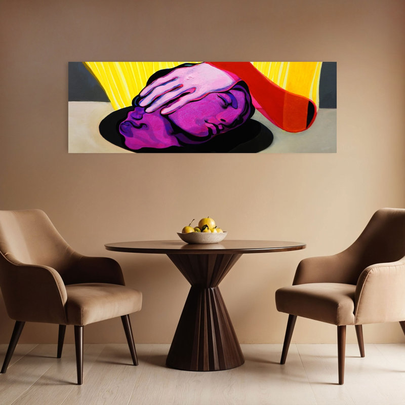 Tête mauve rose, art abstrait coloré à la main, H 16 po x l 48 po