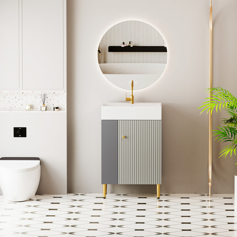 Meuble-lavabo à tablettes ouvertes 21,6 po avec lavabo en céramique et porte à fermeture douce, Gris mat