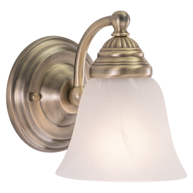 Moyer 1-Light 5.25 inch Wide Antique Brass Gold Traditional Bathroom Vanity Lighting Fixture, White Alabaster Glass Shade, Dimmable, LED Compatible, Wall Mounted Steel Sconce
