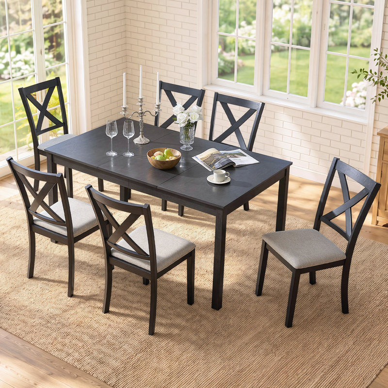 Ensemble de salle à manger rectangulaire en bois massif pour 6 personnes Deral, gris / noir, Noir, Gris / Noir