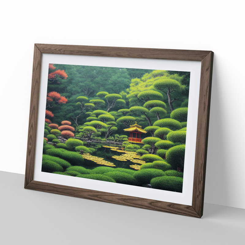 Japanese Garden - Single Picture Frame Print, Walnut, 46cm H x 64cm W x 2cm D