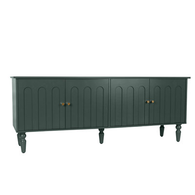 60'' Arched Panel 4-Door TV Stand with Brass Knobs – Solid Wood Turned-Leg Media Console for TVs up to 65", Modern Traditional Living Room Storage, Blue