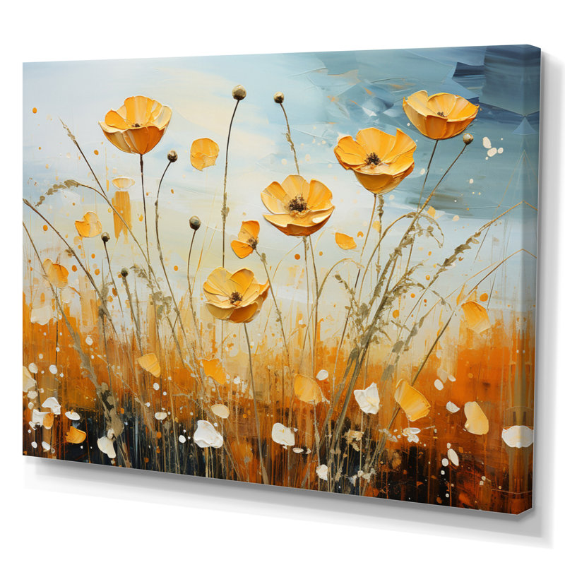 «Maret», jaune, bleu, boutons d'or, pastel, lueur, patchwork I - impression, H 16 po x l 32 po x P 1 po, Toile tendue
