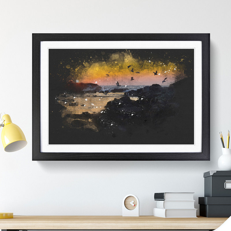 Sunset at the Beach in Spain Paint Splash - Picture Frame Graphic Art, 36cm H x 48cm W x 2cm D, Black