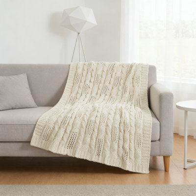 Chunky Cable Knit Throw Blanket, Dual-Sided Soft Chenille Blanket For Couch And Bed, Breathable Decorative Throw For Farmhouse And Modern Living Room Decor
