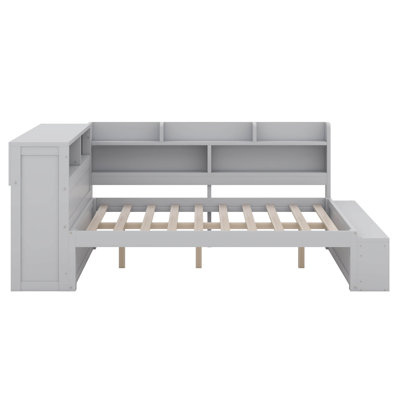 Structure de lit double en angle, lit de jour en L en bois avec armoires de rangement, armoire à chaussures
