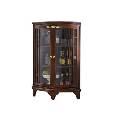 19.69" American Retro Brown Oak Solid‑Wood Curved Triangular Cabinet, European‑Style Double‑Door Glass Wine Cabinet, Corner Storage & Display Side Cabinet for Living Room
