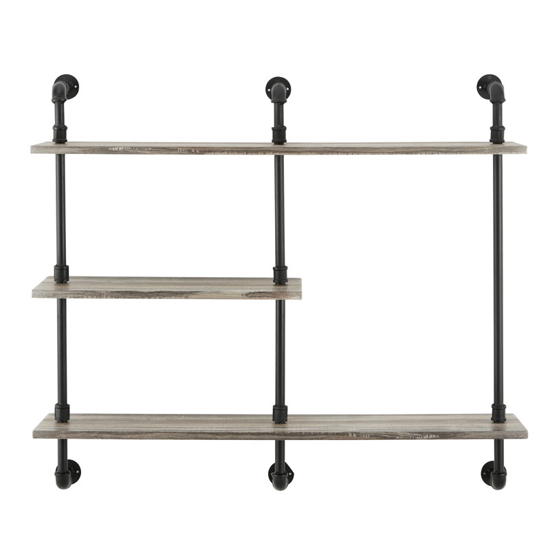 Aurora Rustic Black Iron and Wood 3-Tier Wall Shelf