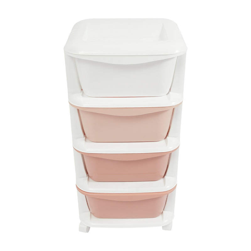 4 Drawer Storage Drawer with Wheels, White/Pink