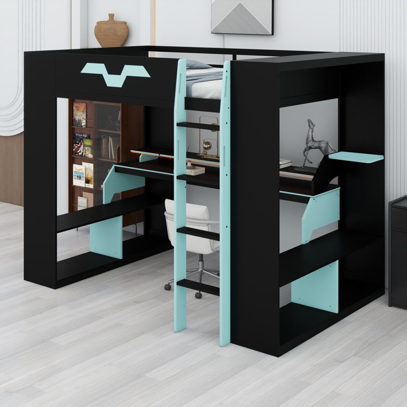 Loft Bed with Integrated Power Station, USB/Type-C Charging Ports, and Customizable RGB Lighting System, Blue