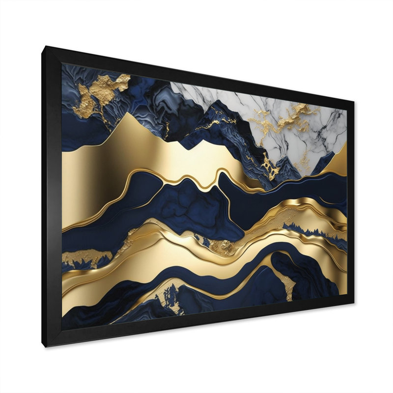 Rehoboth bleu et or captivant l'abstraction de marbre I, Cadre simple noir, Noir, H 24 po x l 32 po
