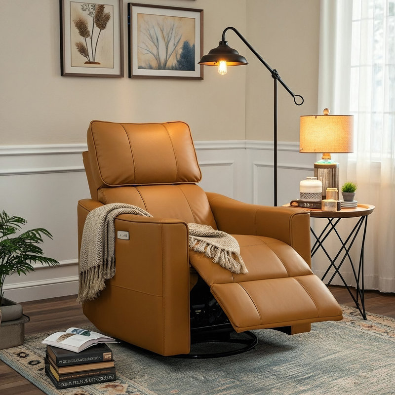Inniss 31.7" Wide Genuine Leather Modern Power Recliner with Swivel and Glider, Orange