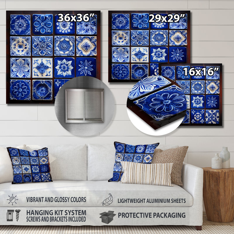 Boho Turkish Blue Tiles 3 - Boho Tiles, art mural en métal, H 16 po x l 16 po