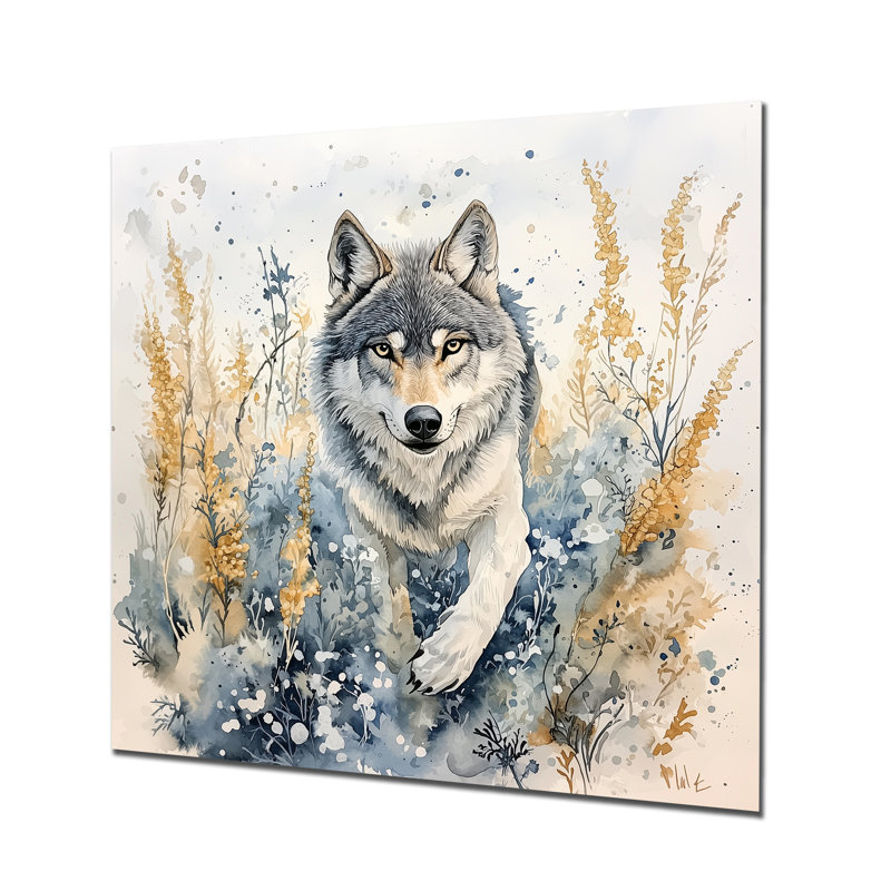 Loup qui court dans la prairie II - animaux, impression murale en métal, H 23 po x l 23 po x P 0,84 po