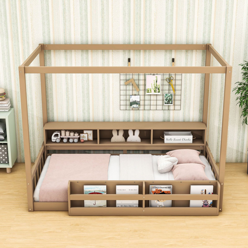 Lit de sol Montessori en bois avec barrières de sécurité et compartiments de rangement latéraux, Twin, Dark Brown
