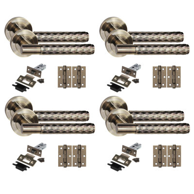 Golden Grace 4 Set Knurled Diamond Cut T-Bar Door Handle Set with Ball Bearing Hinges and Latch