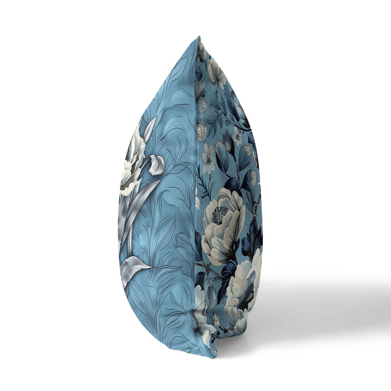 Peony Flower Bouquet Indoor/Outdoor Square Throw Pillow, 16"H x 16"W, Light Blue/Cream