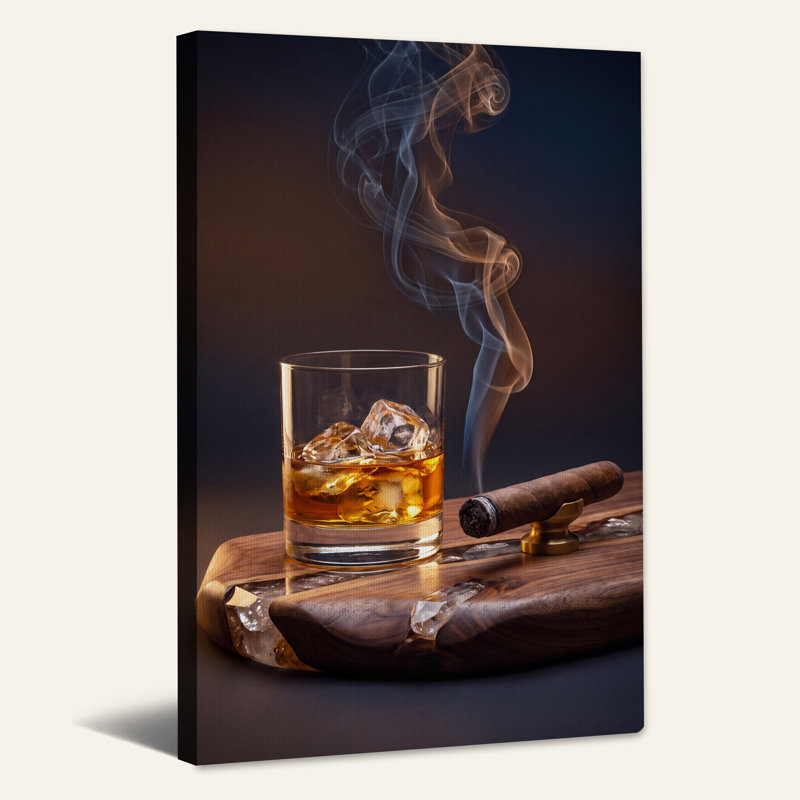 Art mural sur toile, cigare fumé et verre à whisky, 30"H x 20"W