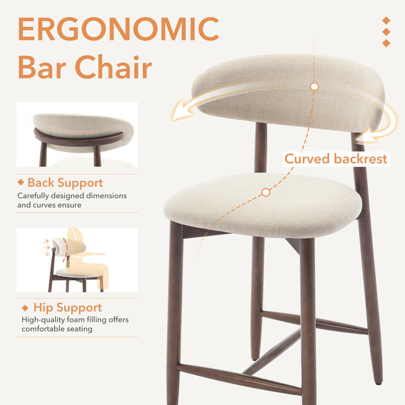 25'' Upholstered Counter Stool with Curved Back and Solid Wood Base, 3, Beige